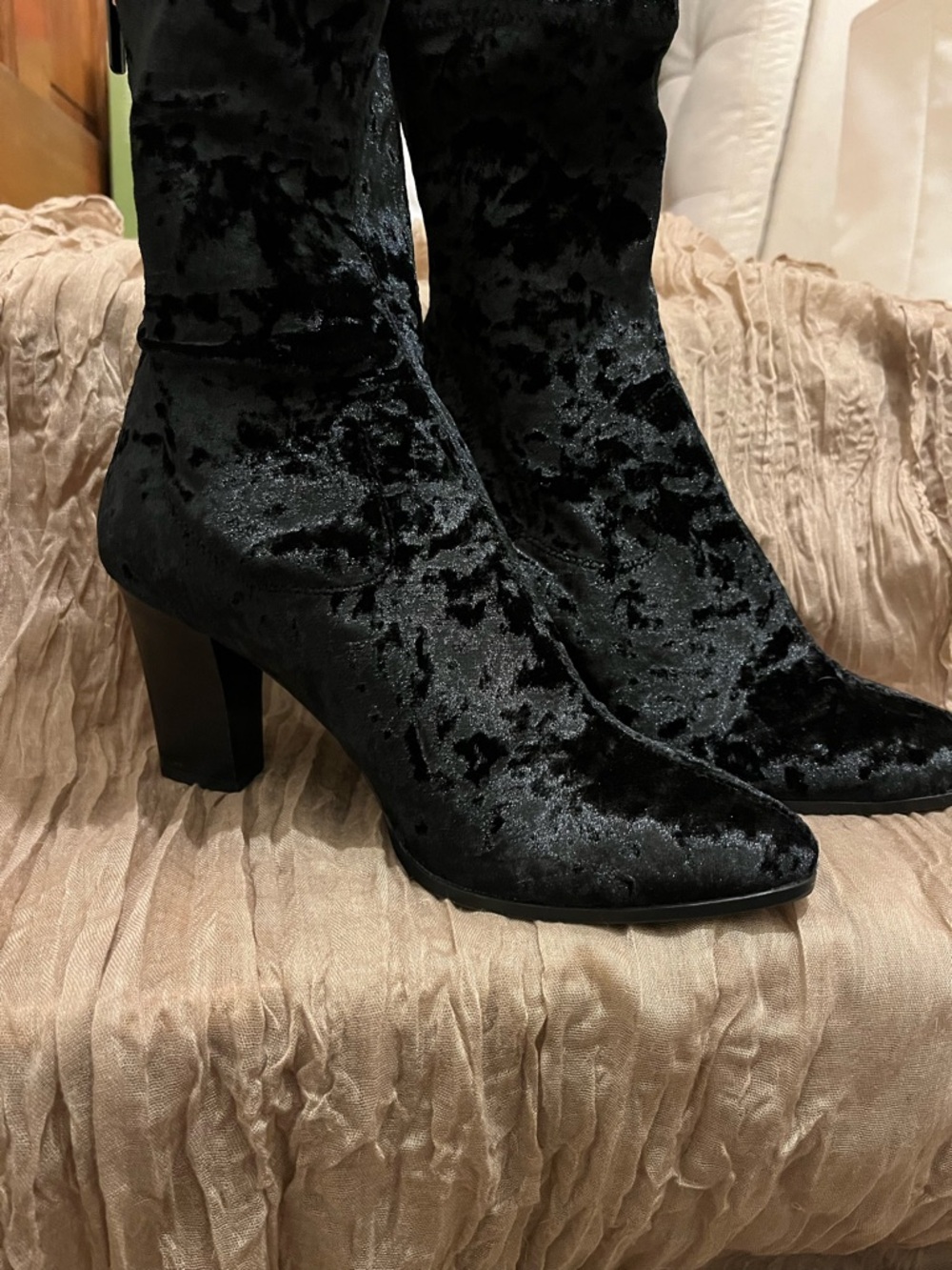 Black Velvet Block Heel Women's Boots